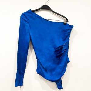 ZARA OFF-SHOULDER BLUE SATIN BODYSUIT